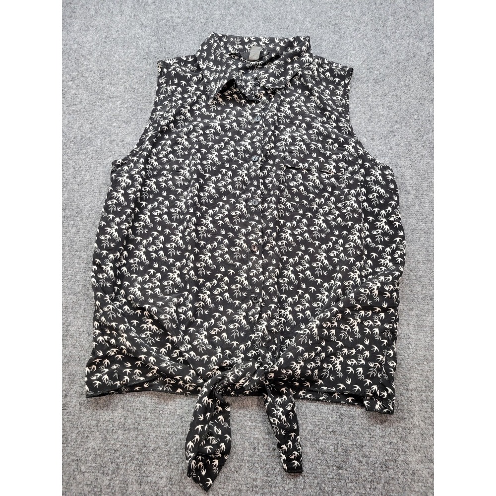 MiMo Women Black White Bird Print Sleeveless Tie Front Button Down Blouse Large